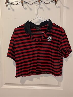 Hot Topic Red and Black Striped Short Sleeve Polo with Skull Patch